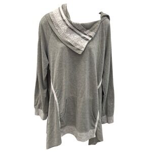 VANITY Gray Lace Trim Cowl Neck Long Sleeve Tunic Hoodie Pocket‎